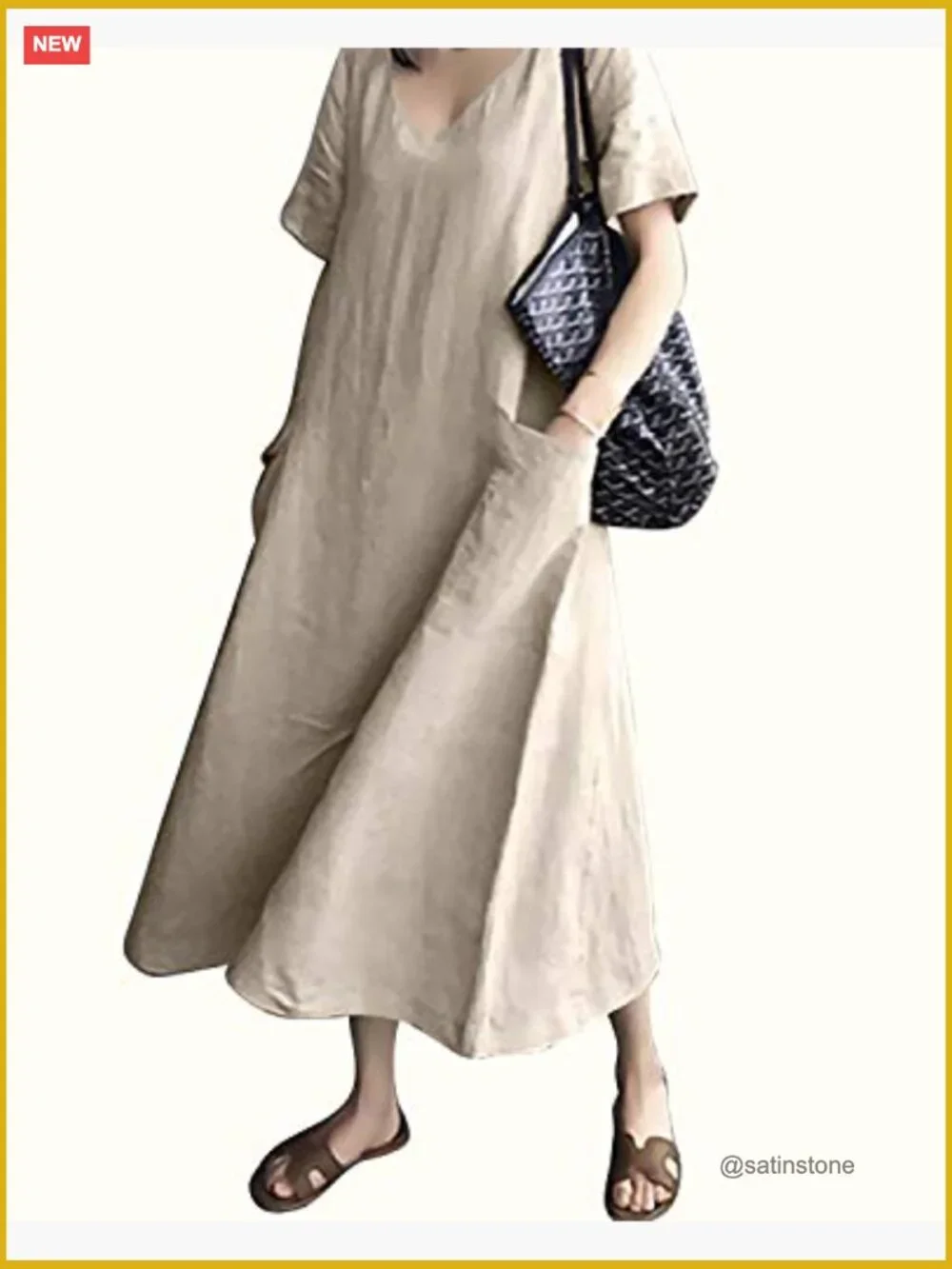 Maxi Dress with Pockets Soft Breathable V-Neck Short Sleeve Linen Blend - Picture 2 of 5